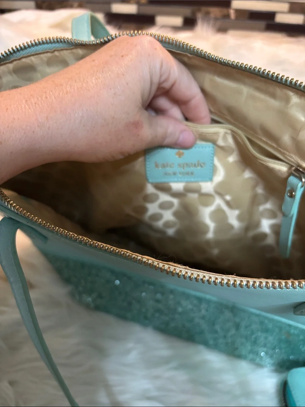 kate spade mint green tote with glitter trim and matching wallet